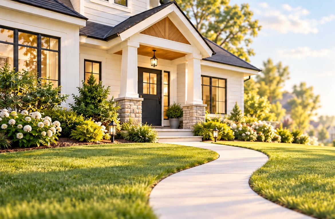 A welcoming home with a curving front walkway